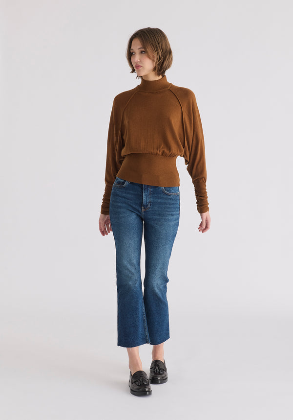 Mock Neck Batwing Jumper with Ruched Cuffs in Brown